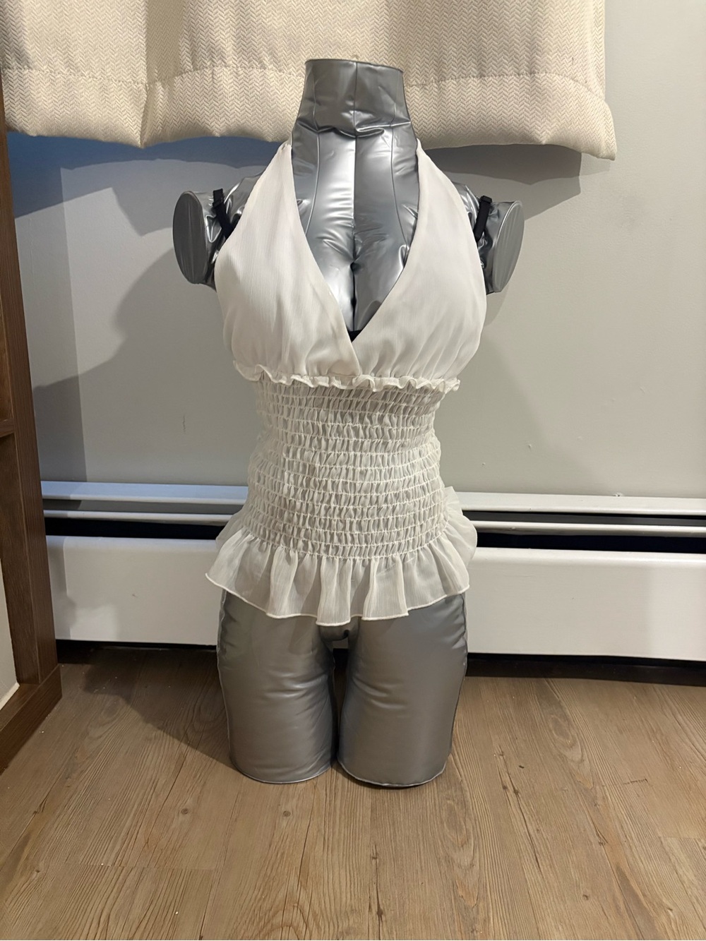 Suzy Shier White Halter Smocked Peplum Camisole